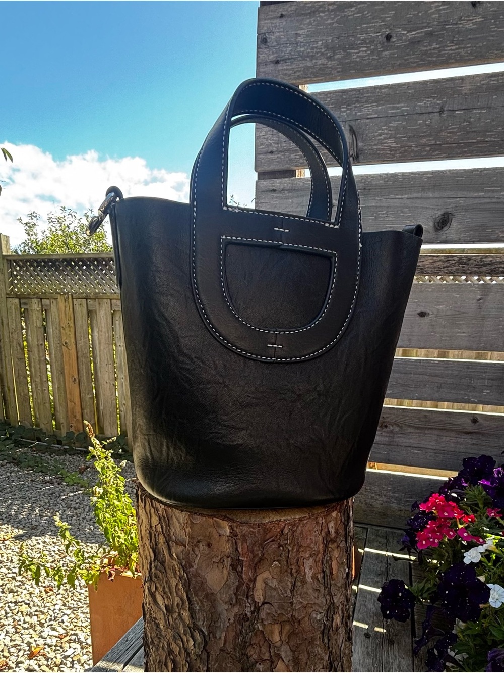 Black Vegan Leather Tote Bag with Contrast Stitching